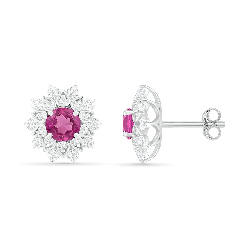 5.0mm Lab-Created and White Sapphire Frame Flower Stud Earrings in Sterling Silver|Peoples Jewellers
