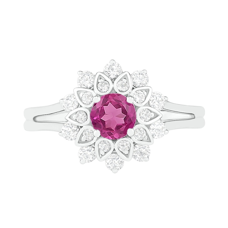 5.0mm Lab-Created and White Sapphire Frame Split Shank Flower Ring in Sterling Silver|Peoples Jewellers