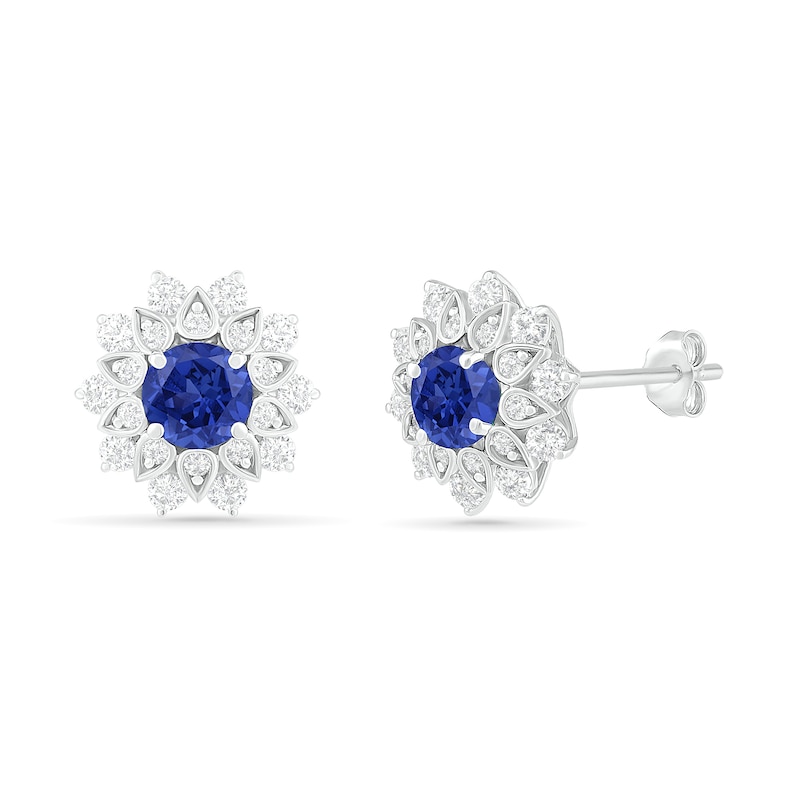 Main Image 1 of 5.0mm Lab-Created Blue and White Sapphire Frame Flower Stud Earrings in Sterling Silver