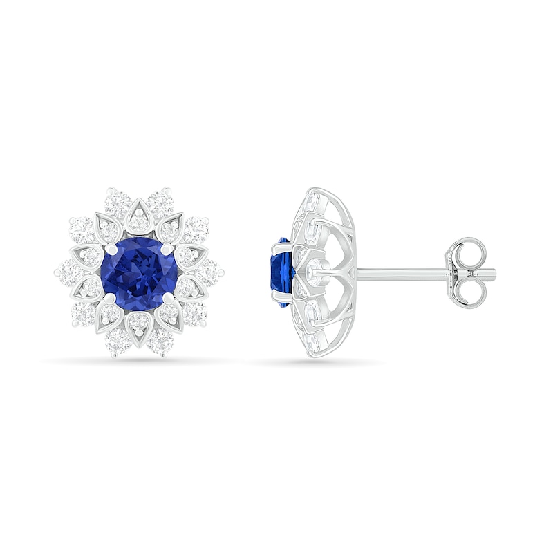 5.0mm Lab-Created Blue and White Sapphire Frame Flower Stud Earrings in Sterling Silver