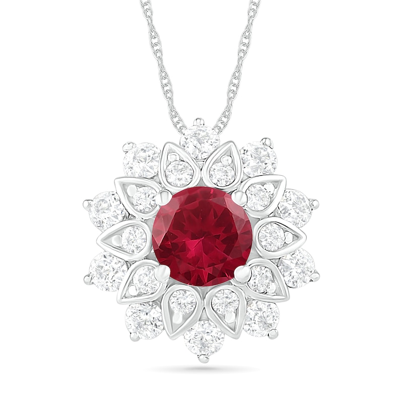 5.0mm Lab-Created Ruby and White Sapphire Frame Flower Pendant in Sterling Silver|Peoples Jewellers