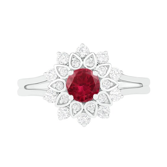 5.0mm Lab-Created Ruby and White Sapphire Frame Split Shank Flower Ring in Sterling Silver