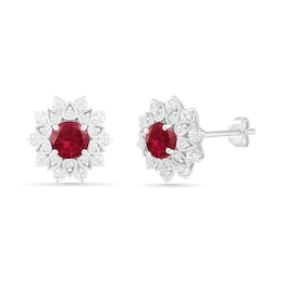 5.0mm Lab-Created Ruby and White Sapphire Frame Flower Stud Earrings in Sterling Silver