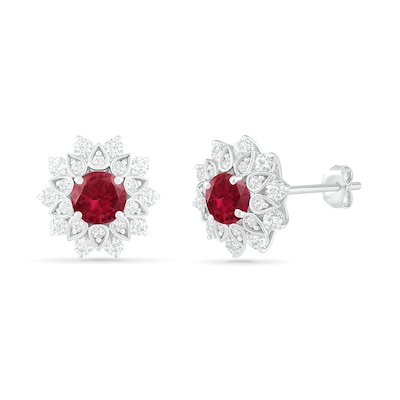 5.0mm Lab-Created Ruby and White Sapphire Frame Flower Stud Earrings in Sterling Silver