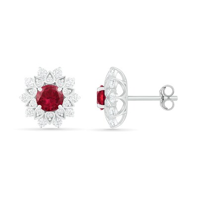 5.0mm Lab-Created Ruby and White Sapphire Frame Flower Stud Earrings in Sterling Silver