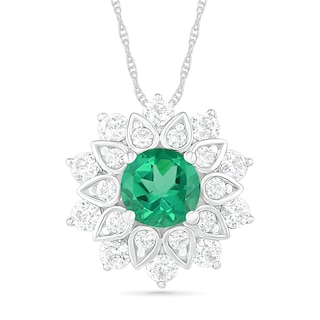 5.0mm Lab-Created Emerald and White Sapphire Frame Flower Pendant in Sterling Silver