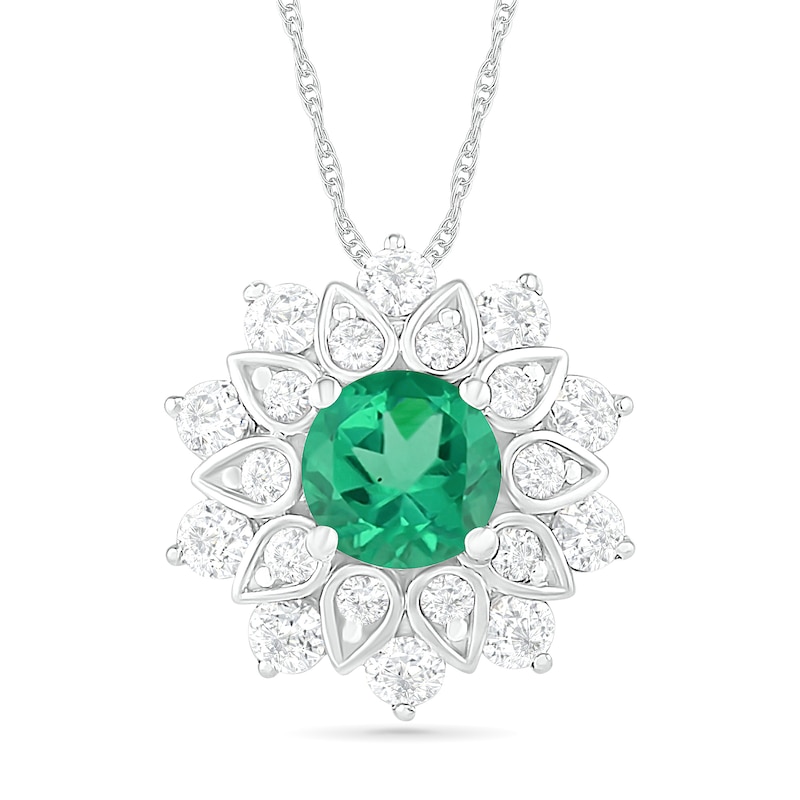 5.0mm Lab-Created Emerald and White Sapphire Frame Flower Pendant in Sterling Silver|Peoples Jewellers