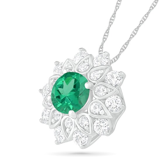 5.0mm Lab-Created Emerald and White Sapphire Frame Flower Pendant in Sterling Silver