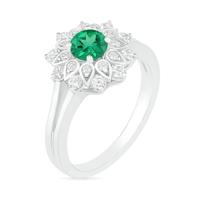 5.0mm Lab-Created Emerald and White Sapphire Frame Split Shank Flower Ring in Sterling Silver