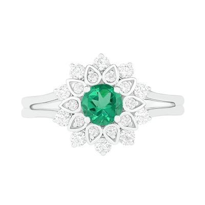 5.0mm Lab-Created Emerald and White Sapphire Frame Split Shank Flower Ring in Sterling Silver