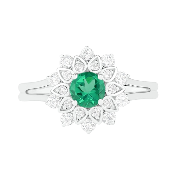 5.0mm Lab-Created Emerald and White Sapphire Frame Split Shank Flower Ring in Sterling Silver