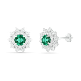 5.0mm Lab-Created Emerald and White Sapphire Frame Flower Stud Earrings in Sterling Silver