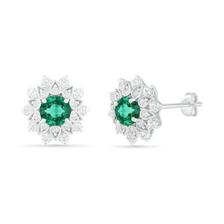 5.0mm Lab-Created Emerald and White Sapphire Frame Flower Stud Earrings in Sterling Silver