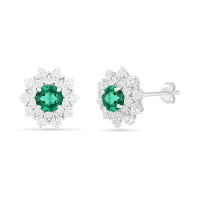 5.0mm Lab-Created Emerald and White Sapphire Frame Flower Stud Earrings in Sterling Silver