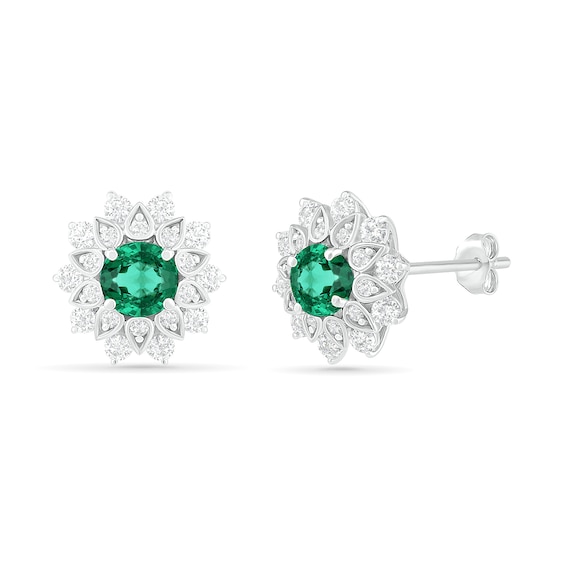 5.0mm Lab-Created Emerald and White Sapphire Frame Flower Stud Earrings in Sterling Silver