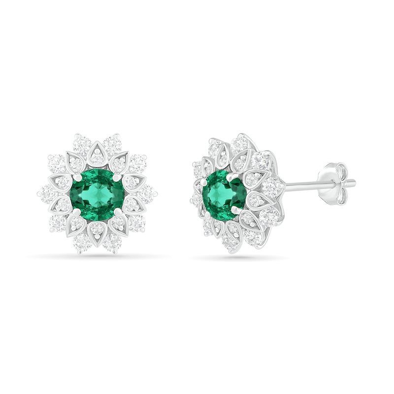 5.0mm Lab-Created Emerald and White Sapphire Frame Flower Stud Earrings in Sterling Silver|Peoples Jewellers