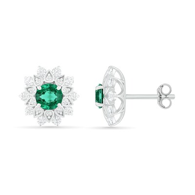 5.0mm Lab-Created Emerald and White Sapphire Frame Flower Stud Earrings in Sterling Silver