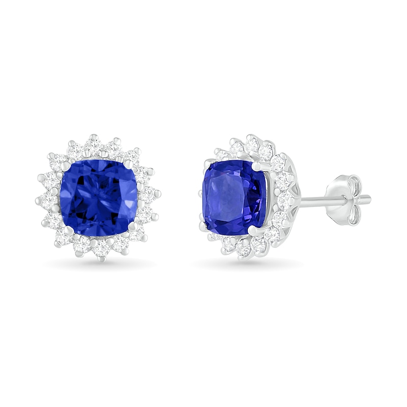 6.0mm Cushion-Cut Lab-Created Blue and White Sapphire Sunburst Frame Stud Earrings in Sterling Silver|Peoples Jewellers