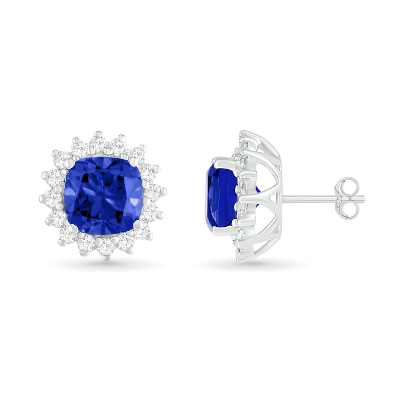 6.0mm Cushion-Cut Lab-Created Blue and White Sapphire Sunburst Frame Stud Earrings in Sterling Silver|Peoples Jewellers