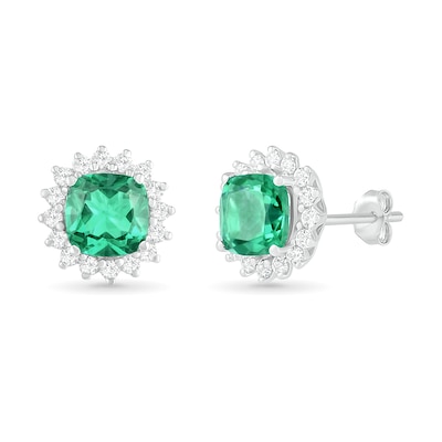 6.0mm Cushion-Cut Lab-Created Emerald and White Sapphire Sunburst Frame Stud Earrings in Sterling Silver