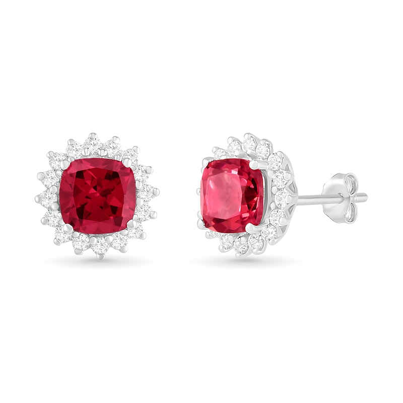 6.0mm Cushion-Cut Lab-Created Ruby and White Sapphire Sunburst Frame Stud Earrings in Sterling Silver|Peoples Jewellers