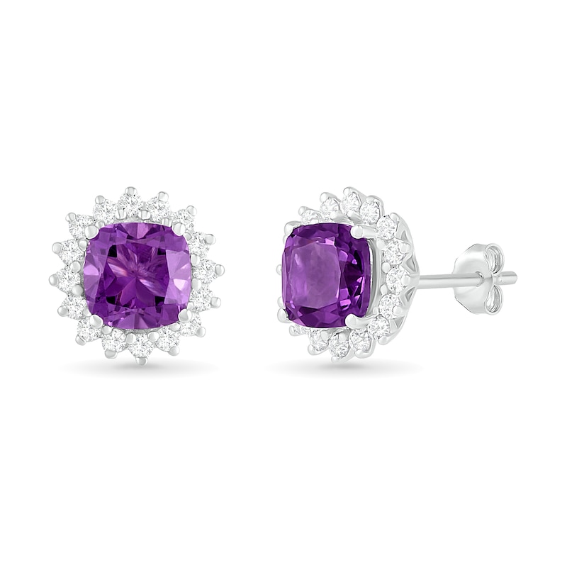 6.0mm Cushion-Cut Amethyst and Lab-Created White Sapphire Sunburst Frame Stud Earrings in Sterling Silver