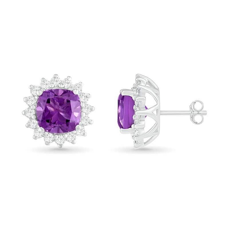 6.0mm Cushion-Cut Amethyst and Lab-Created White Sapphire Sunburst Frame Stud Earrings in Sterling Silver