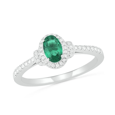 Oval Lab-Created Emerald and 0.065 CT. T.W. Diamond Frame Collar Bead Shank Ring in Sterling Silver