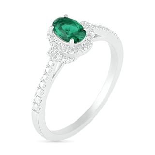 Oval Lab-Created Emerald and 0.065 CT. T.W. Diamond Frame Collar Bead Shank Ring in Sterling Silver