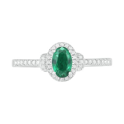 Oval Lab-Created Emerald and 0.065 CT. T.W. Diamond Frame Collar Bead Shank Ring in Sterling Silver