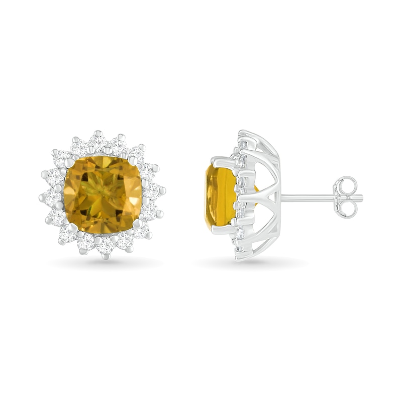 6.0mm Cushion-Cut Citrine and White Lab-Created Sapphire Sunburst Frame Stud Earrings in Sterling Silver|Peoples Jewellers