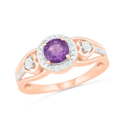 5.0mm Amethyst and 0.06 CT. T.W. Diamond Frame Heart-Sides Split Shank Ring in 10K Rose Gold