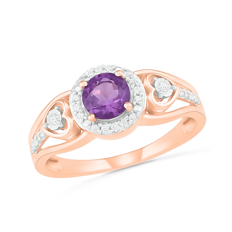5.0mm Amethyst and 0.06 CT. T.W. Diamond Frame Heart-Sides Split Shank Ring in 10K Rose Gold|Peoples Jewellers