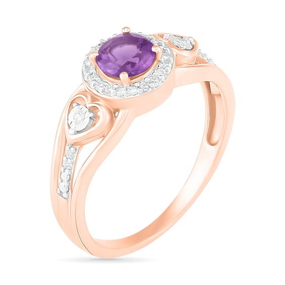 5.0mm Amethyst and 0.06 CT. T.W. Diamond Frame Heart-Sides Split Shank Ring in 10K Rose Gold