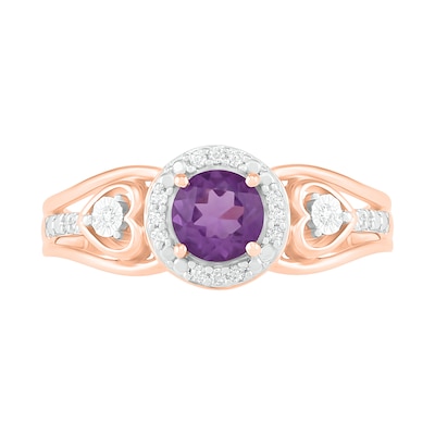 5.0mm Amethyst and 0.06 CT. T.W. Diamond Frame Heart-Sides Split Shank Ring in 10K Rose Gold