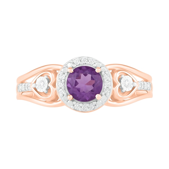 5.0mm Amethyst and 0.06 CT. T.W. Diamond Frame Heart-Sides Split Shank Ring in 10K Rose Gold