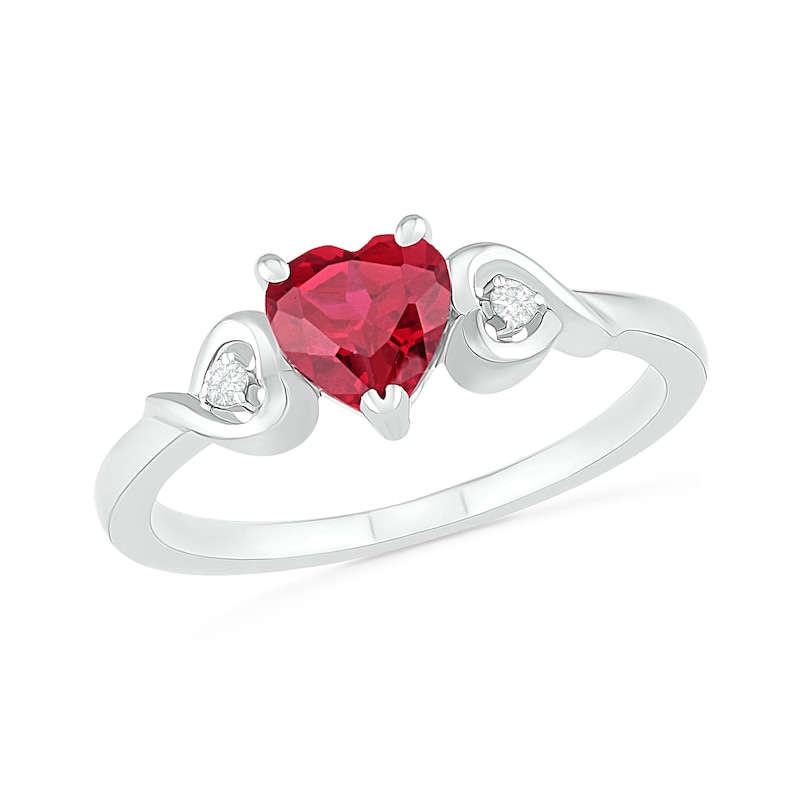 6.0mm Heart-Shaped Lab-Created Ruby and White Sapphire Ribbon Heart-Sides Ring in Sterling Silver|Peoples Jewellers