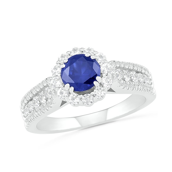 5.5mm Blue and White Lab-Created Sapphire Frame Triple Row Flower Ring in Sterling Silver