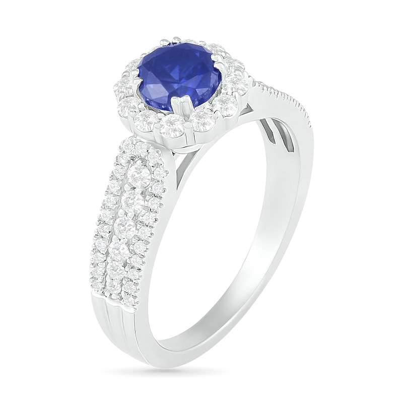 Main Image 2 of 5.5mm Blue and White Lab-Created Sapphire Frame Triple Row Flower Ring in Sterling Silver