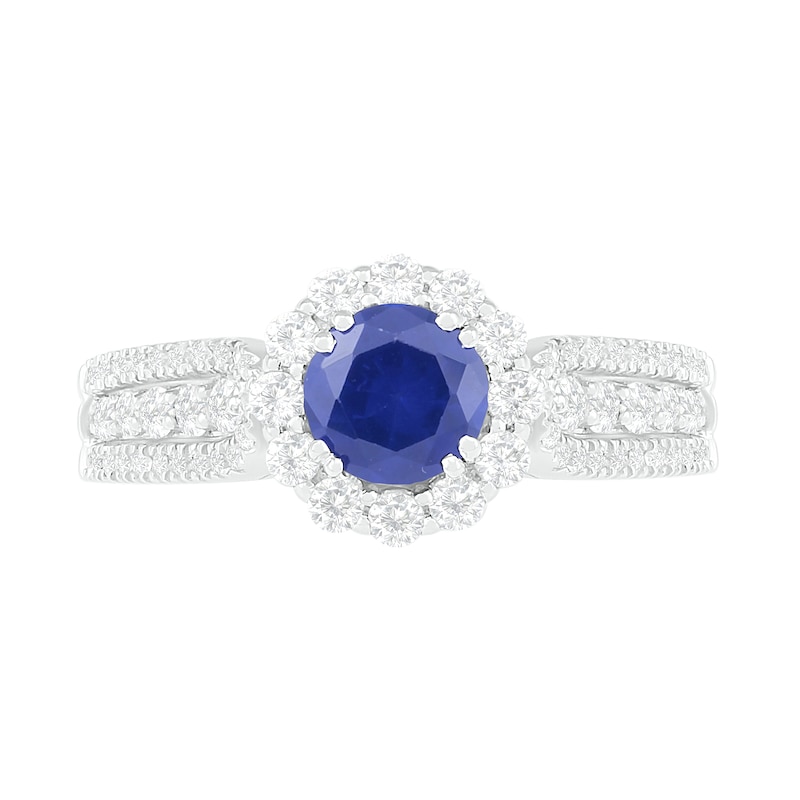 Main Image 3 of 5.5mm Blue and White Lab-Created Sapphire Frame Triple Row Flower Ring in Sterling Silver