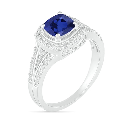 6.0mm Cushion-Cut Blue and White Lab-Created Sapphire Frame Split Shank Ring in Sterling Silver