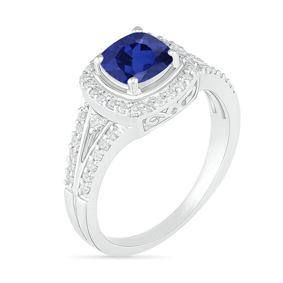 6.0mm Cushion-Cut Blue and White Lab-Created Sapphire Frame Split Shank Ring in Sterling Silver