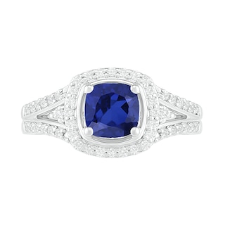 6.0mm Cushion-Cut Blue and White Lab-Created Sapphire Frame Split Shank Ring in Sterling Silver