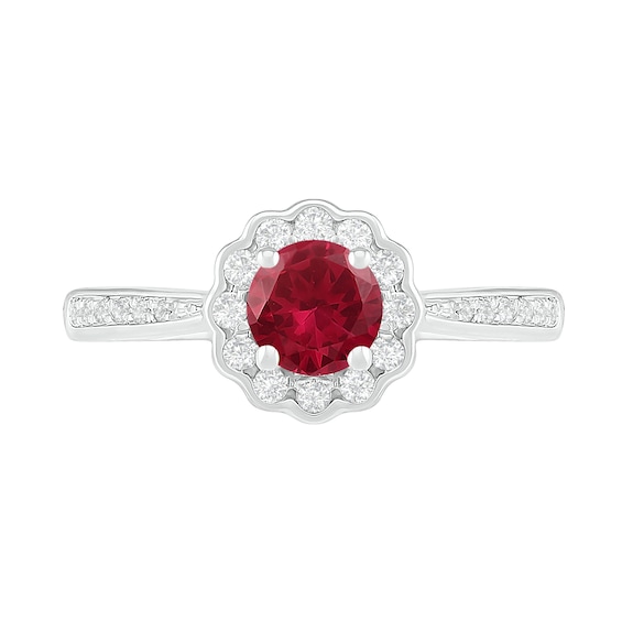 5.2mm Lab-Created Ruby and White Sapphire Frame Tapered Shank Flower Ring in Sterling Silver