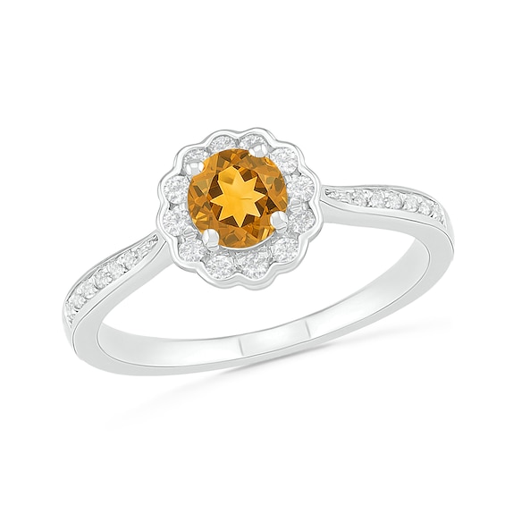 5.2mm Citrine and White Lab-Created Sapphire Frame Tapered Shank Flower Ring in Sterling Silver