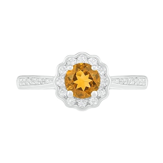 5.2mm Citrine and White Lab-Created Sapphire Frame Tapered Shank Flower Ring in Sterling Silver