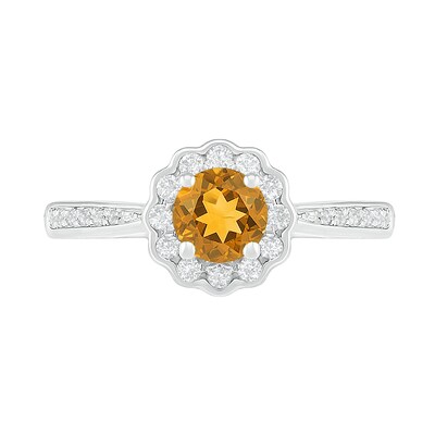 5.2mm Citrine and White Lab-Created Sapphire Frame Tapered Shank Flower Ring in Sterling Silver