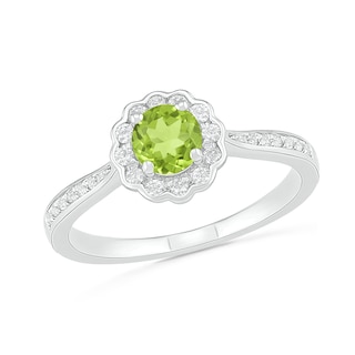 5.2mm Peridot and White Lab-Created Sapphire Frame Tapered Shank Flower Ring in Sterling Silver