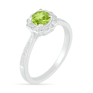 5.2mm Peridot and White Lab-Created Sapphire Frame Tapered Shank Flower Ring in Sterling Silver