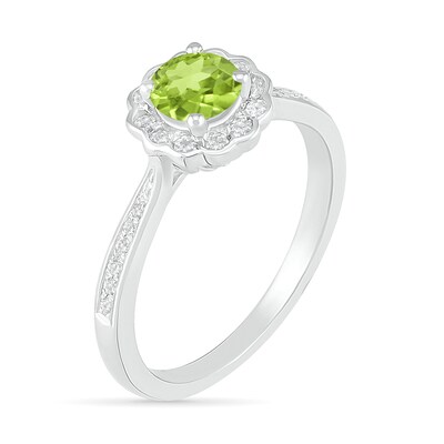 5.2mm Peridot and White Lab-Created Sapphire Frame Tapered Shank Flower Ring in Sterling Silver